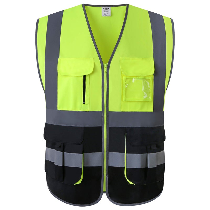 JKSafety 7 Pockets High Visibility Zipper Front Safety Vest With Reflective Strips.Meets ANSI/ISEA Standards (130-Yellow-Black XL) - Image 1
